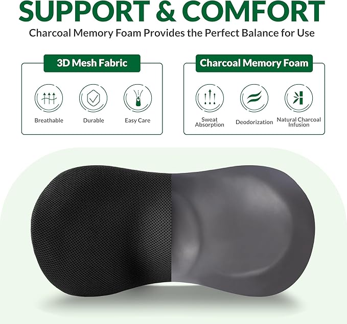 Lumbar Support Pillow for Office Chair, Charcoal Memory Foam Lumbar Pillow for Car Bed Recliner, Lower Back Support Pillow for Pain Relief (Black)