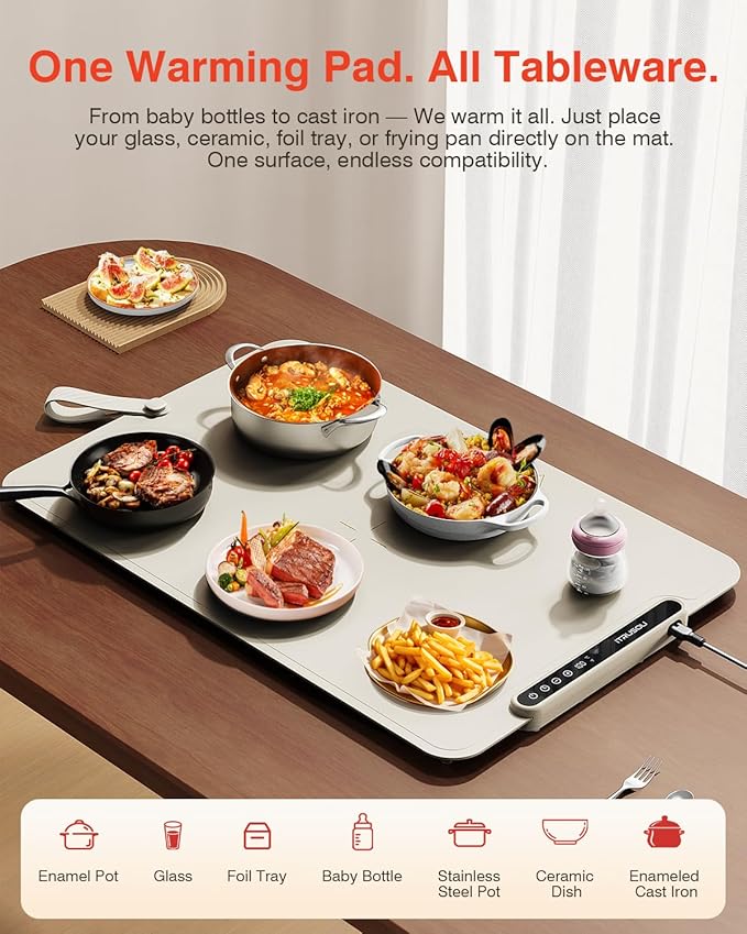 Warming Mat for Food, iTRUSOU Electric Warming Tray with 1–99H Timer, 7 Temp Settings, Patented Full-Surface Heating, °F/°C Switch, Flexible Roll-Up Food Warmers for Parties Buffet, Everyday Use
