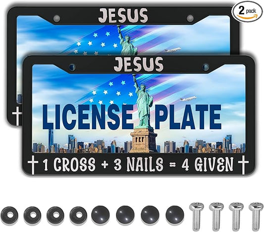 Fun License Plate Frame Cover Black and White License Plate Frames Jesus 1 Cross 3 Nails 4 Given Universal Aluminum Car Accessory 2 Pack with Screw Covers Set