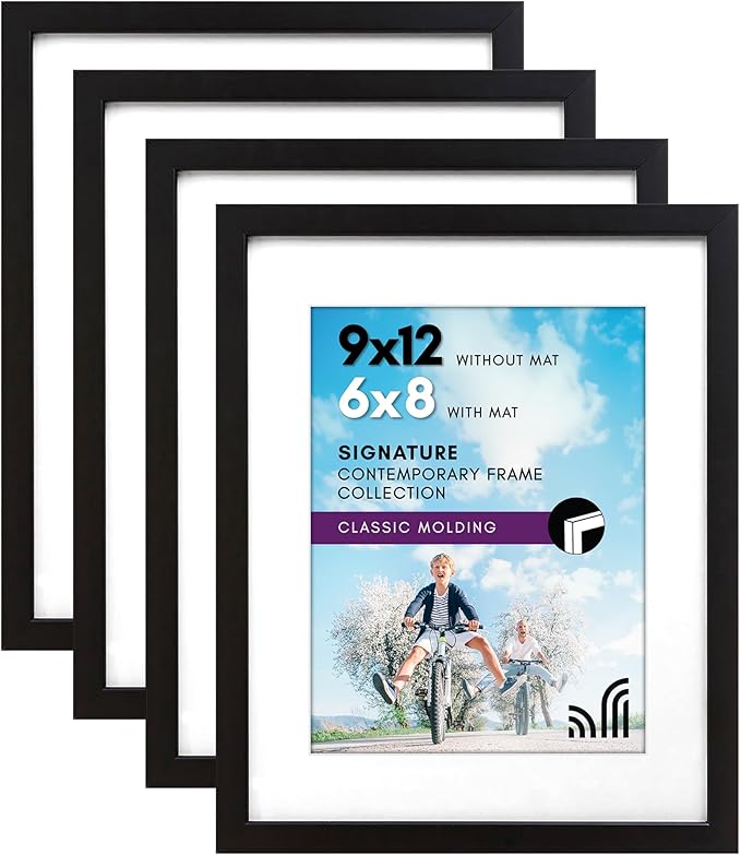 Americanflat 9x12 Picture Frame with Shatter-Resistant Glass - Set of 4 - Use as 6x8 Frame with Mat or Display 9x12 Photo Without Mat - Signature Collection - Photo Frames for Tabletop or Wall - Black