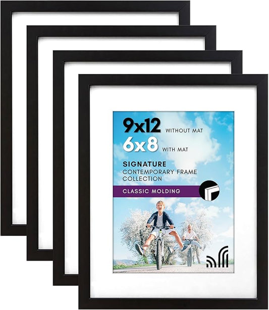 Americanflat 9x12 Picture Frame with Shatter-Resistant Glass - Set of 4 - Use as 6x8 Frame with Mat or Display 9x12 Photo Without Mat - Signature Collection - Photo Frames for Tabletop or Wall - Black