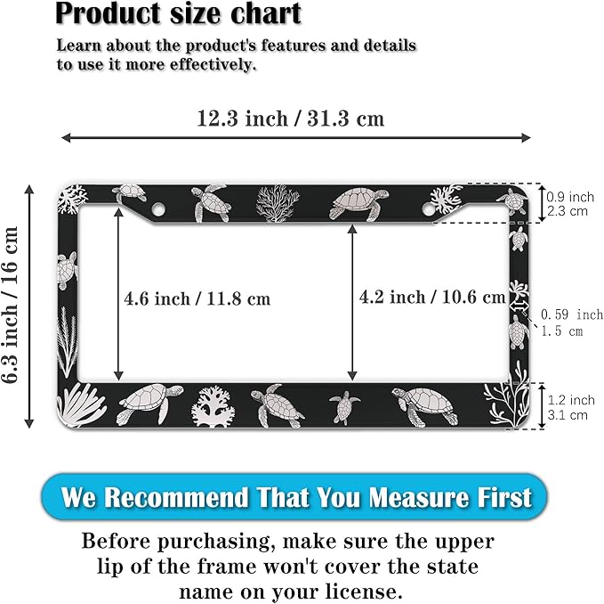 Automotive Exterior Accessories Black and White License Plate Frames Turtle Aluminum Metal Car Accessory 2 Pack with Screw Covers Set
