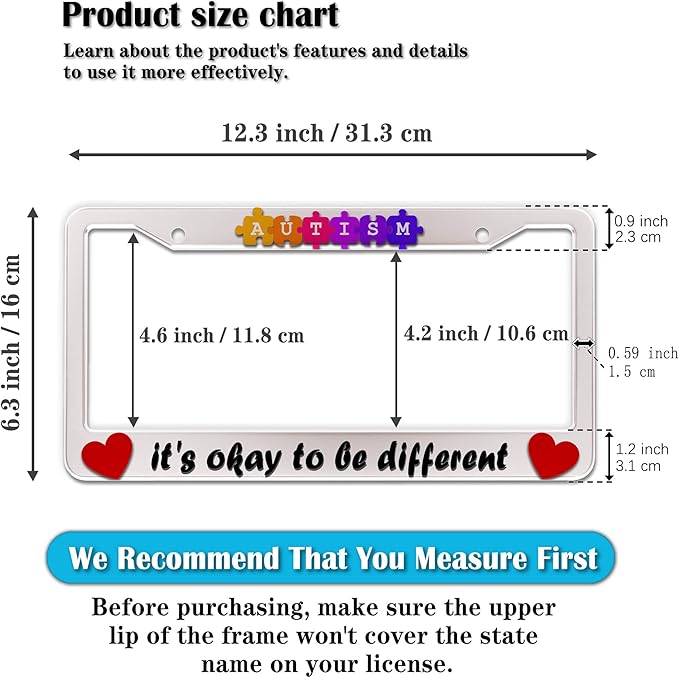 Automotive Exterior Accessories Multicolor License Plate Frames Autism It’s Okay to Be Different Aluminum Metal Car Accessory 2 Pack with Screw Covers Set