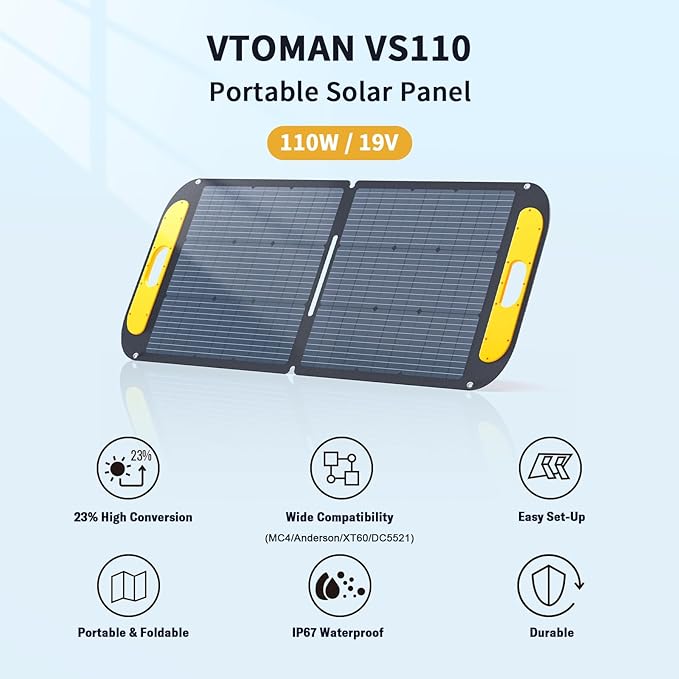 VTOMAN Jump 600X Portable Power Station with 110W Solar Panel, 600W/299Wh LiFePO4 Battery Solar Generator, 1200W AC Outlet, PD 60W USB-C, 3x Regulated 12V/10A DC for RV, Outdoor Camping, Home Backup