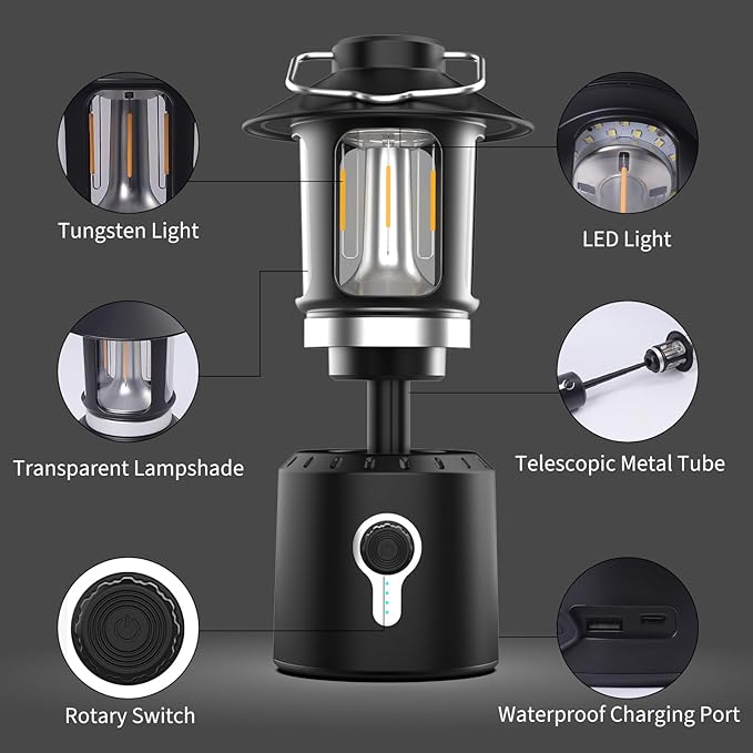 LED Camping Lantern Rechargeable, 8000mAh Telescopic Camping Lights with 3 Light Modes, Waterproof & Impact-Resistant Tent Lights, Lantern Flashlight for Power Outages, Emergency, Hiking, Hurricane