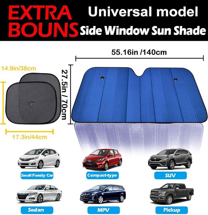 Big Hippo Windshield Sun Shade,Car Sun Shade Side Window as Bonus,Car Sunshade Windshield,Reflect Sunlight Heat and UV Rays, Protect Interior,Keep Vehicle Cool,Silver/Blue(55.16X 27.5inches)