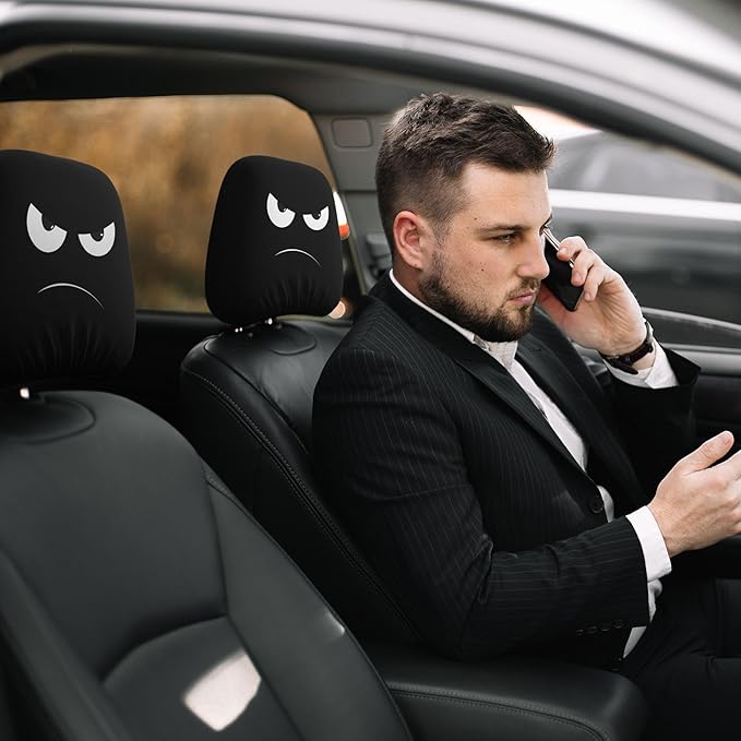 Funny Car Headrest Covers 2 Pack – Double-Sided Angry & Smile Face Design, Universal Stretch Seat Head Rest Protector for Cars, SUVs, Trucks