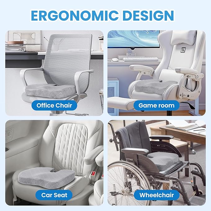 TushGuard Office/Car Seat Cushion, Non-Slip Sciatica & Back Coccyx Tailbone Pain Relief Chair Pad, Memory Foam Butt Pillow for Computer Desk, Wheelchair, Driving (Light Grey)