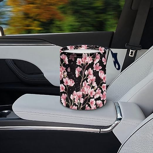 Cute Cherry Blossom Car Trash Can Reusable Foldable Hanging Portable Dustbin Bin for Back Seat, Front Console, Floor, or Hanging Headrest Waste Basket