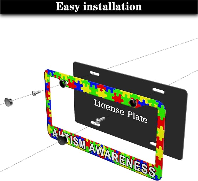 Custom License Plate Frame Multicolor License Plate Frames Autism Awareness Puzzle Universal Aluminum Car Accessory 2 Pack with Screw Covers Set