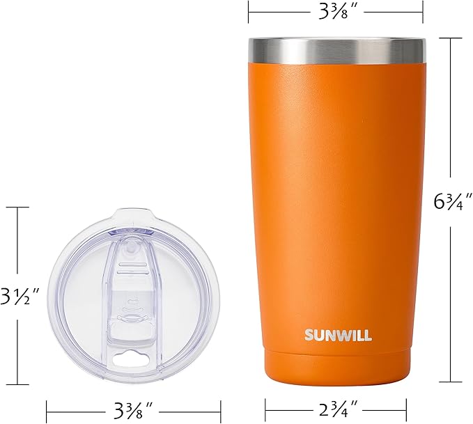 SUNWILL Travel Coffee Tumbler 20 oz, Insulated Mug with Lid, Stainless Steel Cup for Hot and Cold Drinks, Powder Coated Orange