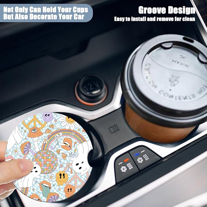 Funny Ghost Car Cup Holder Coaster -Halloween Absorbent Ceramic Coaster, Car Coasters for Cup Holders, Auto Accessories for Women & Men, Pack of 2