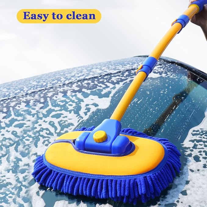 Car Wash Brush With Long Handle, Chenille Microfiber Mop Mitt, 1 Replacement Head, Wheel Brush Extension Pole, Cleaning Kit With Towels for Cars Trucks 5PCS