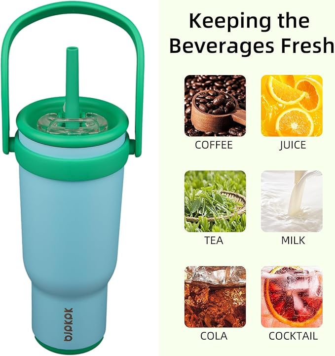 BJPKPK 40 OZ Insulated Travel Tumbler with Handle and Straw, Stainless Steel Water Bottle, Double Wall Vacuum Insulated Mug, for Work, Car, Travel, Ice Blue