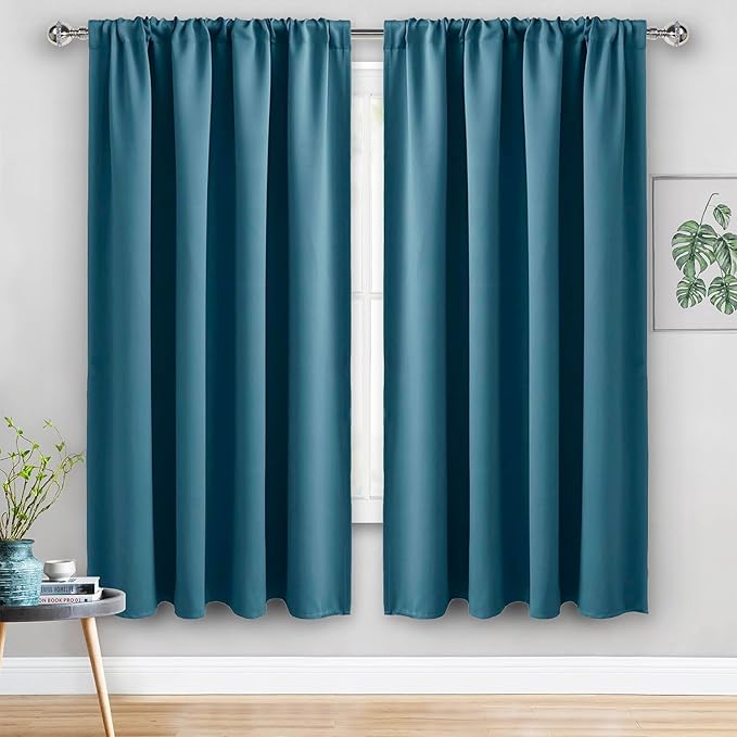 JIUZHEN Blackout Curtains for Bedroom - Thermal Insulated Room Darkening Noise Reducing, 60 x 63 Inch Length Curtains for Living Room, Set of 2 Panels with Tiebacks, Stone Blue