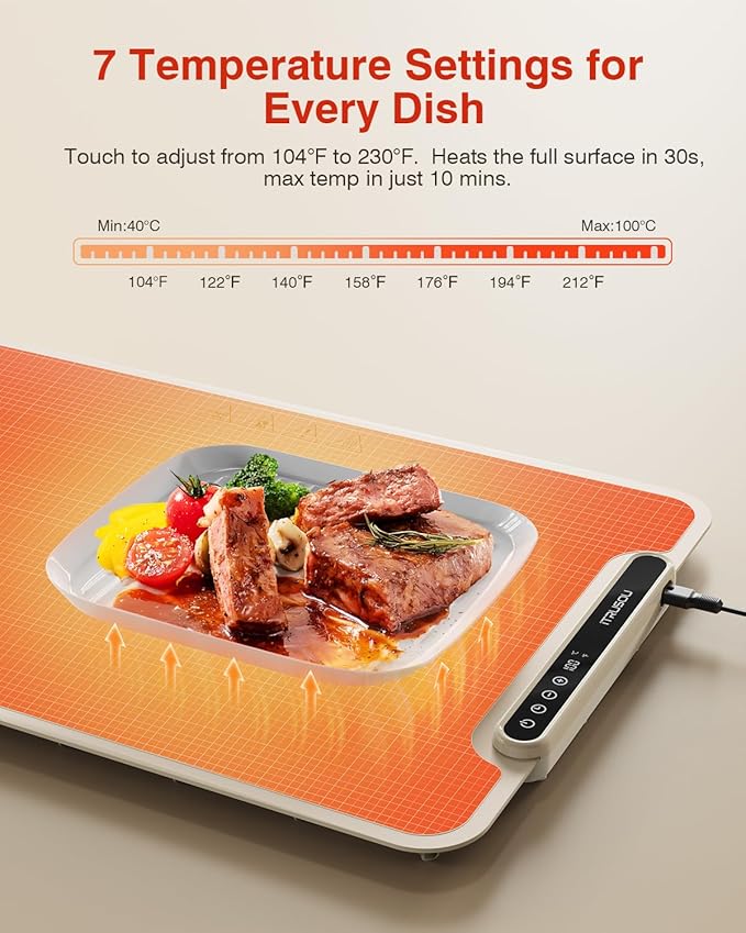 Warming Mat for Food, iTRUSOU Electric Warming Tray with 1–99H Timer, 7 Temp Settings, Patented Full-Surface Heating, °F/°C Switch, Flexible Roll-Up Food Warmers for Parties Buffet, Everyday Use