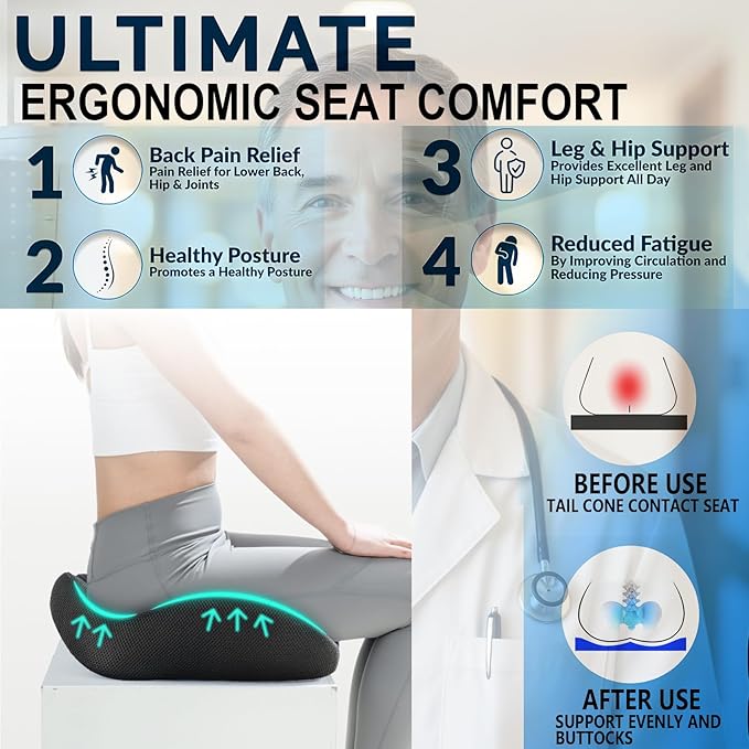 Memory Foam Seat Cushion for Office Chair, Car, Wheelchair – Coccyx Tailbone Support Pad for Sciatica & Back Pain Relief, Ergonomic Chair Cushion for Home, Travel, Work Desk (Black)