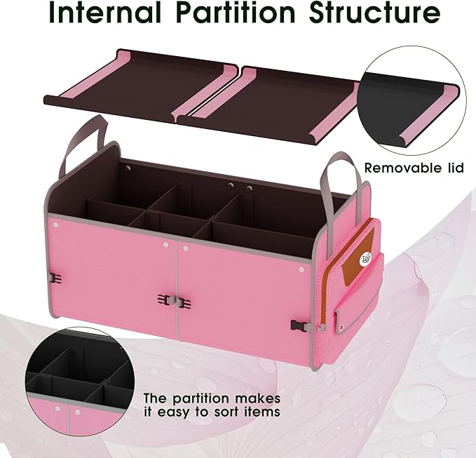 Foldable Waterproof Car Organizer with Non-Slip Traction Rope, 23.2”x13.8”x11.8” Heavy-Duty Trunk Organizer for SUV, Car Essentials List, Portable Vehicle Organizer,PINK-M003