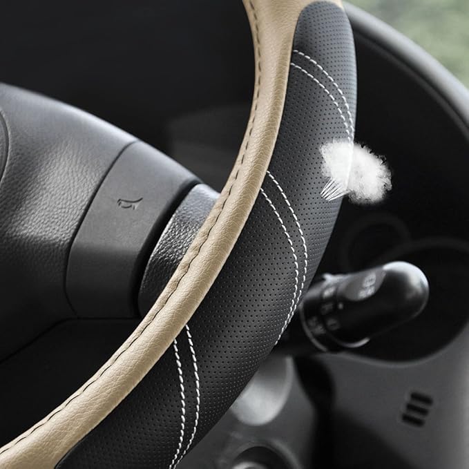 Elantrip Sport Leather Steering Wheel Cover 14 1/2 inch to 15 inch Universal, Padded Soft Grip Breathable for Car Truck SUV Jeep, Anti Slip Odorless Black and Beige