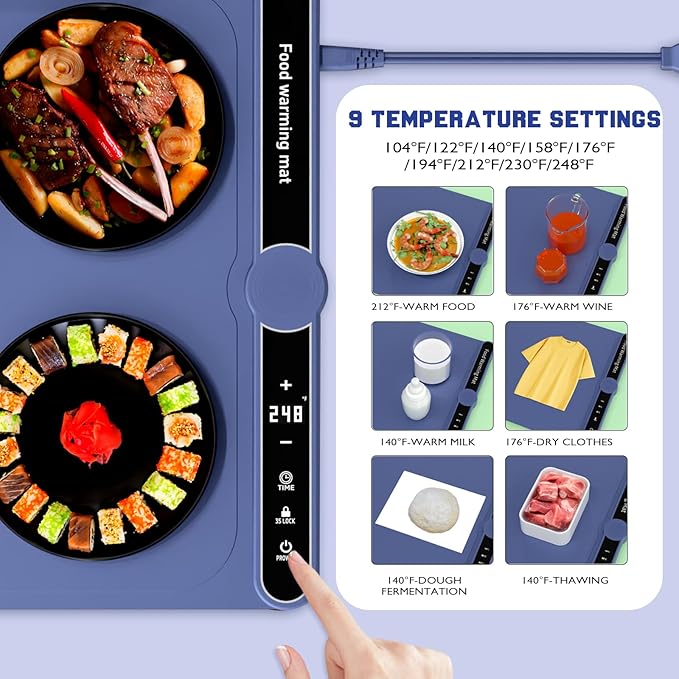 Smart Warming Mat for Food, Upgrade Waterproof Foldable Heating Mat, Food Warming Mat with 9 Level Adjustable Temperature and 6-Speed Timing, Easy to Clean Food Warmers for Buffet,Party,Thawin (Blue)