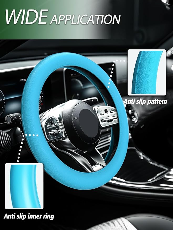 LRITER Car Steering Wheel Cover, Non-Slip Silicone Material, Multiple Color Choices, Universal Auto Parts Steering Wheel Cover, Suitable for Most Cars (Light Blue)