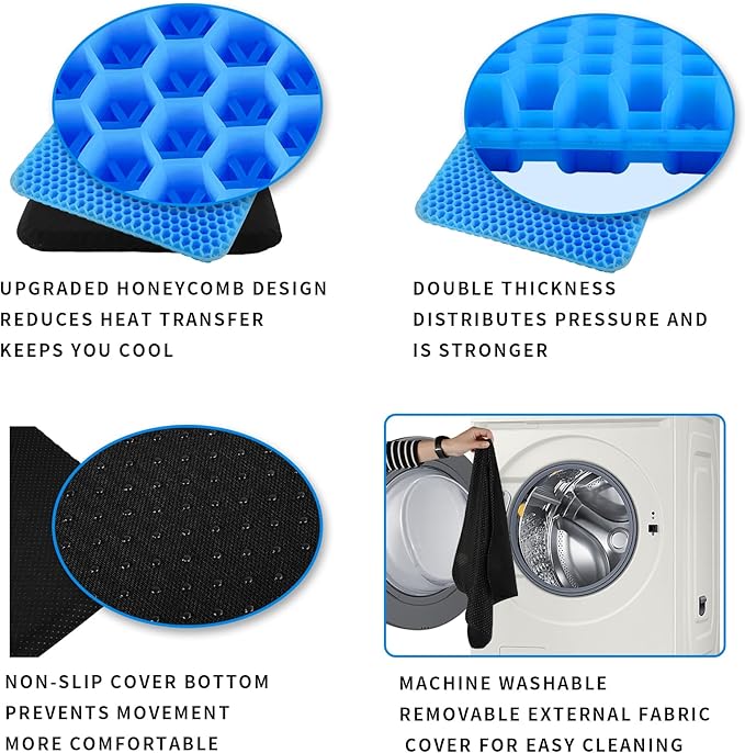 Ergonomic Gel Seat Cushion for Long Sitting, Tailbone and Coccyx Pain Relief, Office Chair Comfort, Wheelchair Pad, Chair Cushion for Back Support, Comfort Wheelchair Seat Cushions (Blue)