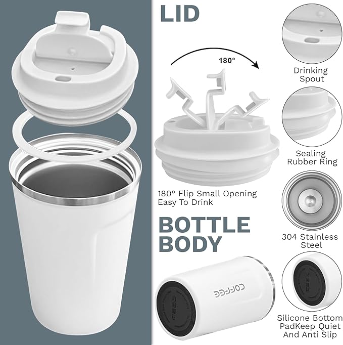 YINBAOGE Insulated Travel Coffee Mug, Spill & Leak Proof, Portable To Go Camping Stainless Steel Coffee Tumbler, Reusable Thermal Coffee Cup with Lid for Hot & Cold Drinks (2nd-White, 17 OZ)