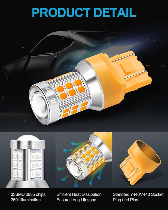 Yorkim 7443 led bulb amber, 7440 led bulb amber 7444na 7440 led with Projector Replacement for automotive Turn Signal Blinker Lights Side Marker Lights, Amber Yellow, pack of 2