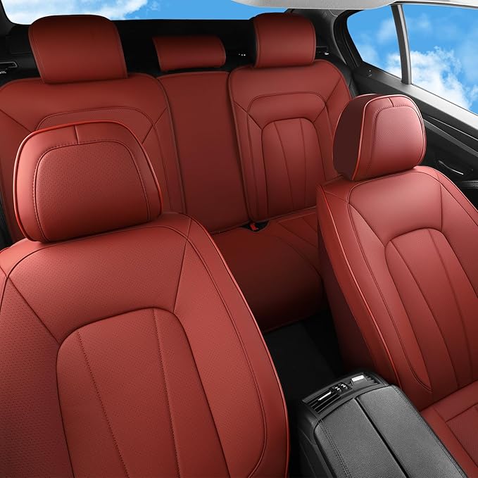 Car Seat Covers Full Set,Red Car Seat Covers,Leather Automotive Seat Covers,Breathable Waterproof Luxury Full Wrapping Edge Seat Covers Fit for Most Cars SUV and Sedans
