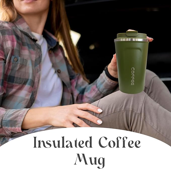 YINBAOGE Insulated Travel Coffee Mug, Spill & Leak Proof, Portable To Go Camping Stainless Steel Coffee Tumbler, Reusable Thermal Coffee Cup with Lid for Hot & Cold Drinks (2nd-Green, 17 OZ)
