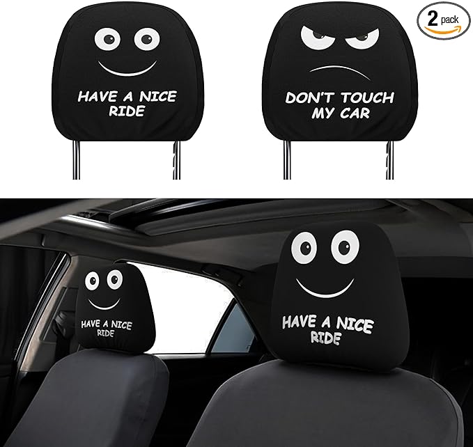 Funny Car Headrest Covers 2 Pack – Double-Sided with Smile “Have A Nice Ride” & Angry “Don’t Touch My Car” Faces – Universal Fit Seat Headrest Protector for Cars, SUVs, Trucks