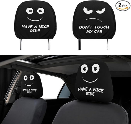 Funny Car Headrest Covers 2 Pack – Double-Sided with Smile “Have A Nice Ride” & Angry “Don’t Touch My Car” Faces – Universal Fit Seat Headrest Protector for Cars, SUVs, Trucks