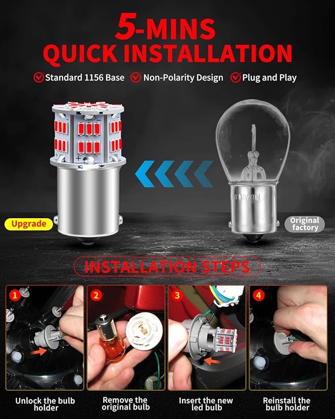 AUXLIGHT 1156 LED Bulbs 54-SMD 300% Super Bright BA15S 7506 1141 1003 LED Light Replacement for Car Brake Tail Signal Parking Lights & RV Camper Trailer Interior Lights, Brilliant Red(Pack of 6)