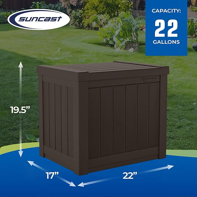 Suncast Small Outdoor Storage Box - 22 Gallon Java Resin Outdoor Deck Box, Flat-Lid Bench Seating, Patio Storage Bin Container for Organizing Tools, Cushions for Porch, Deck, Pool, & Garden