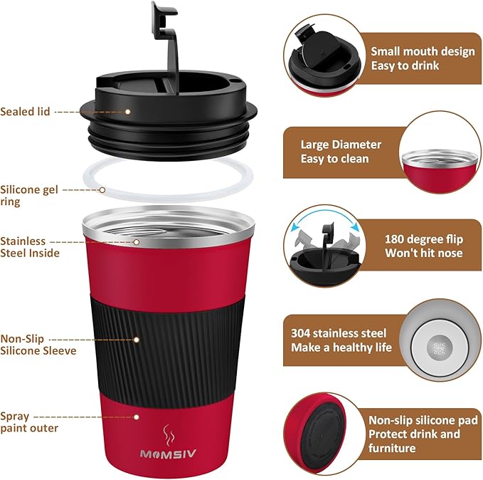 MOMSIV 12oz Travel Mug, Insulated Coffee Cup with Leakproof Lid, Vacuum Stainless Steel Double Walled Reusable Tumbler for Hot and Cold Water Coffee and Tea In Travel and Car