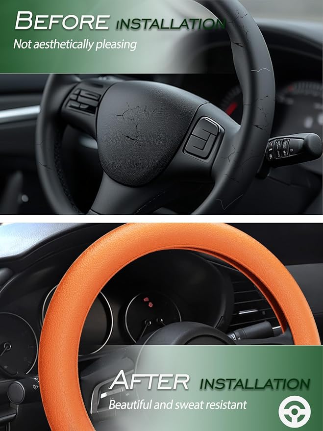 LRITER Car Steering Wheel Cover, Non-Slip Silicone Material, Multiple Color Choices, Universal Auto Parts Steering Wheel Cover, Suitable for Most Cars (Orange)