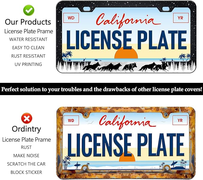 Moon Forest Wolf License Plate Frames - 2 Pack Cool Starry Sky License Plate Holder, Stainless Steel Rust-Proof Waterproof Car Decorative Tag Frame with Screws Fasteners Caps
