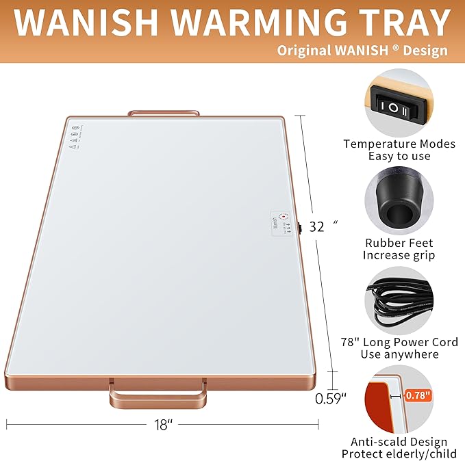 Electric Warming Tray (XXL 32”x18”),Food Warmers for Parties Buffet with Thermostat&Full Surface Heating,Tempered Glass Warming Mat for Food, Temperature Adjustable Gold Handles Food Warming Mat,White
