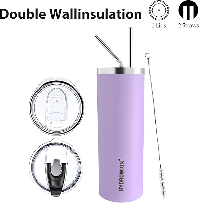 HYDROWION Triple-Insulated Tumblers - Stainless Steel with Lid and Straw, 20 oz Water Bottle, Stainless Steel Cups, Coffee Travel Mug for Home & Office Lavender