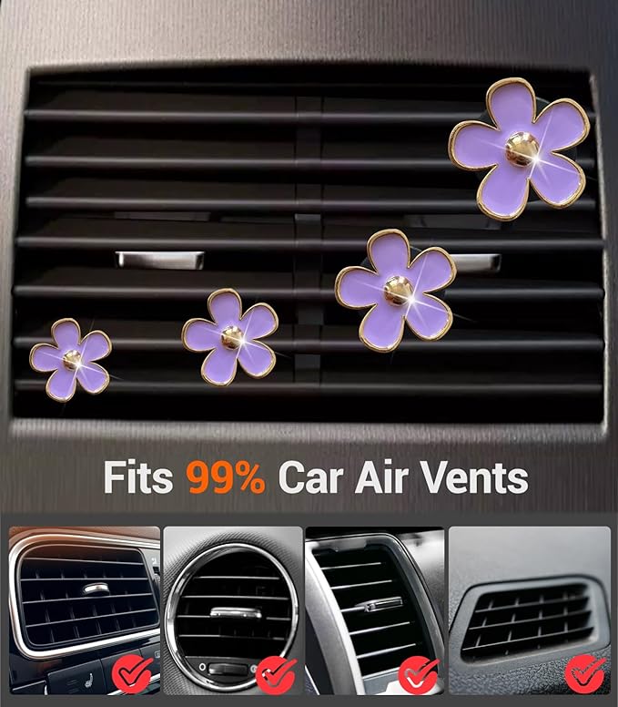 Daisy Flower Car Air Freshener Vent Clips, 4 Pcs Cute Car Accessories for Women Interior, Girly Decor Essentials, Truck Accessories, for Bathroom Office Pet Houses (Purple, 3.1cm 2.9cm 2.2cm 1.6cm)