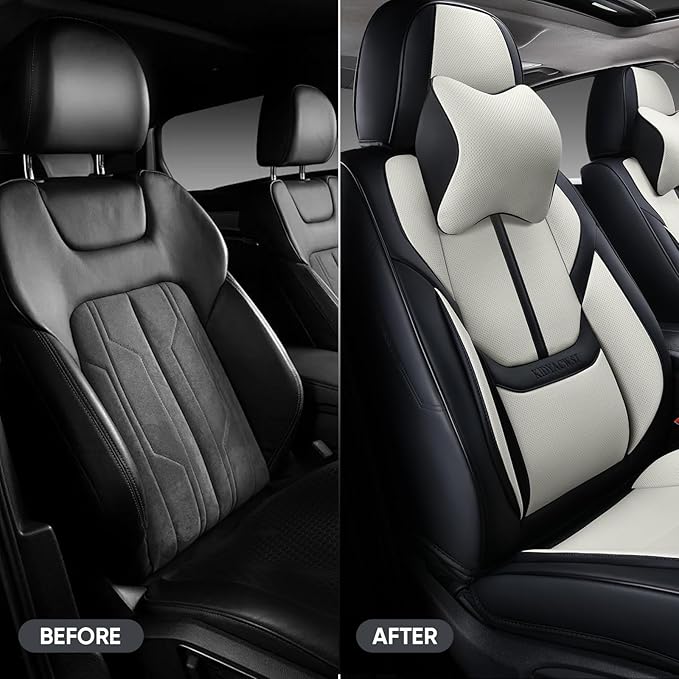 Auto Car Seat Covers Accessories Front Seat Leather Cushion Protector Breathable Waterproof Seat Cover for Cars Universal Fit (Black&White, Front Pair)
