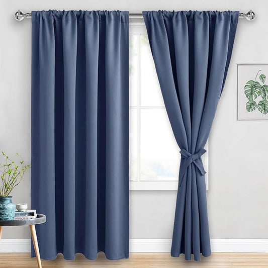 JIUZHEN Blackout Curtains for Bedroom - 70 x 84 Inch Extra Wide Privacy Assured Thermal Insulated Room Darkening Room Divider Curtain Cover for Living Room, Set of 2 Panels with Tiebacks, Dusty Blue