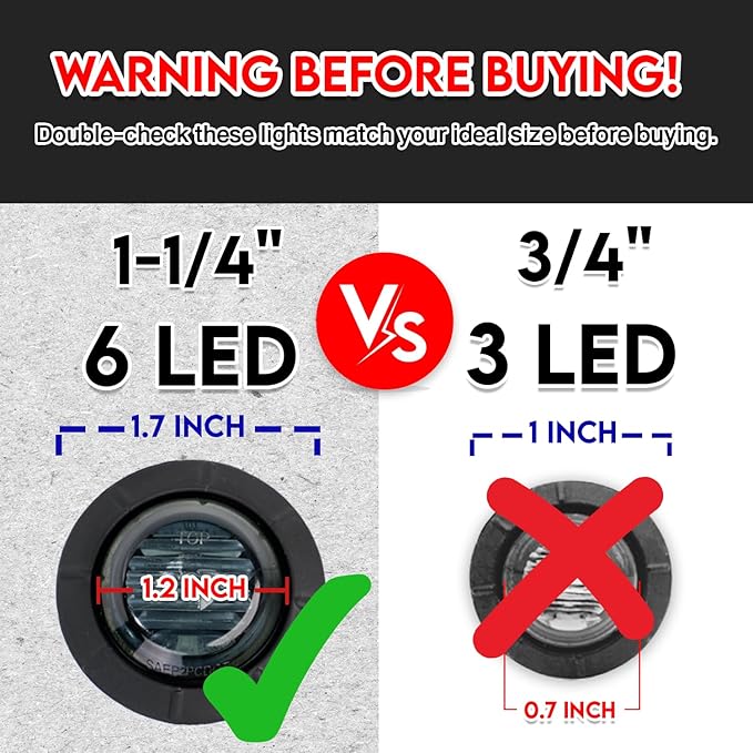 10 Pcs of 1-1/4 Inch with 6 LED Smoked Lens Red Clearance Side Marker Lights Mount Bullet Marker Trailer Lights Universal 12V DC Vehicles RV Truck Pickup Van Boat Mack