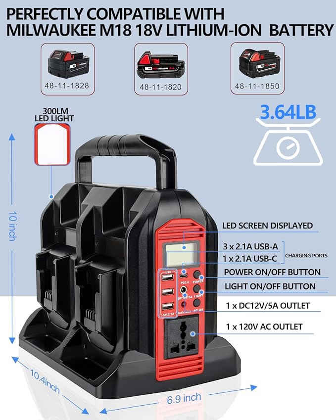 Taingwei 350W Power Inverter for Milwaukee M18 18V Battery, 4-Ports DC 18V to AC 110-120V Pure Sine Wave Battery Inverter with 3 USB-A Port, 1 USB-C Port,LED Light for Camping Emergency(Tool Only)
