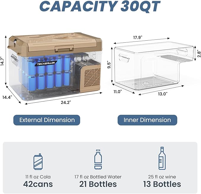 12V Refrigerator 30 Quart Portable Freezer, Electric Cooler for Vehicles Car Refrigerator 12V Portable Fridge for Car Camping Truck Van RV SUV Road Trip Travel