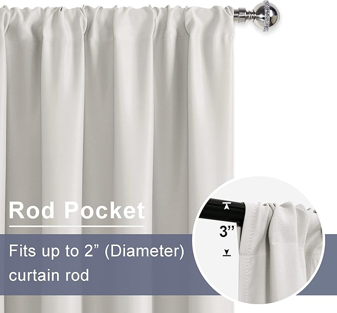 JIUZHEN Blackout Curtains for Bedroom - Thermal Insulated Room Darkening Rod Pocket Curtains for Living Room, Set of 2 Panels with Tiebacks, 38 x 63 Inch Length, Ivory