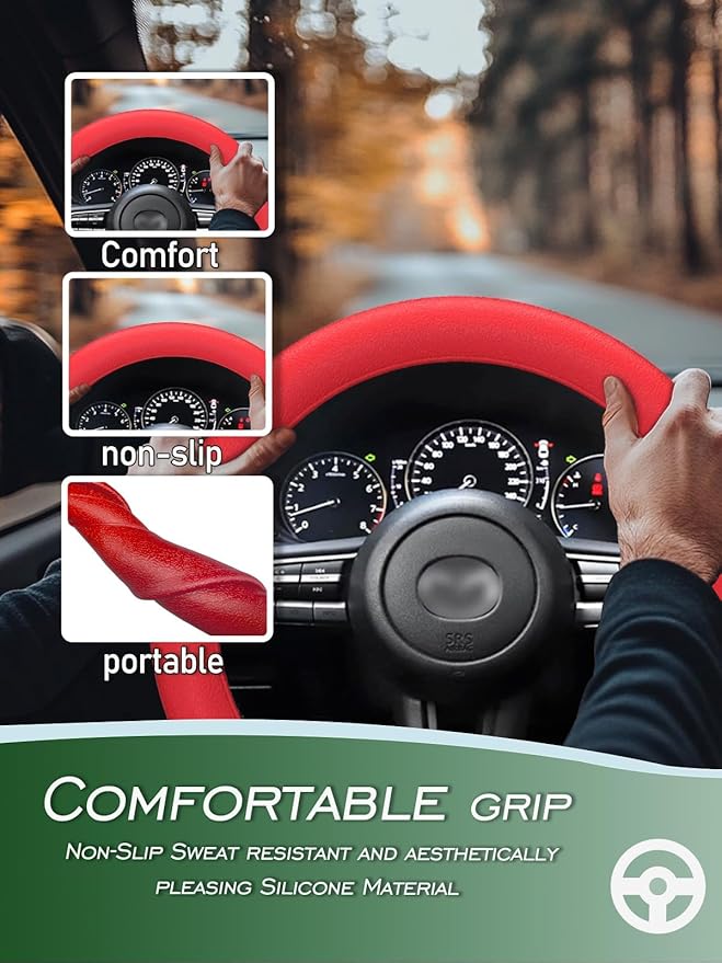 LRITER Car Steering Wheel Cover, Non-Slip Silicone Material, Multiple Color Choices, Universal Auto Parts Steering Wheel Cover, Suitable for Most Cars (Red2PCS)