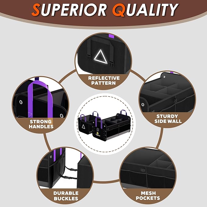 Large Capacity Trunk Organizer for Car & SUV – Waterproof with 8 Mesh Pockets, collapsible & Adjustable compartments, 84L Durable Storage with Non-Slip Base, Black - M313
