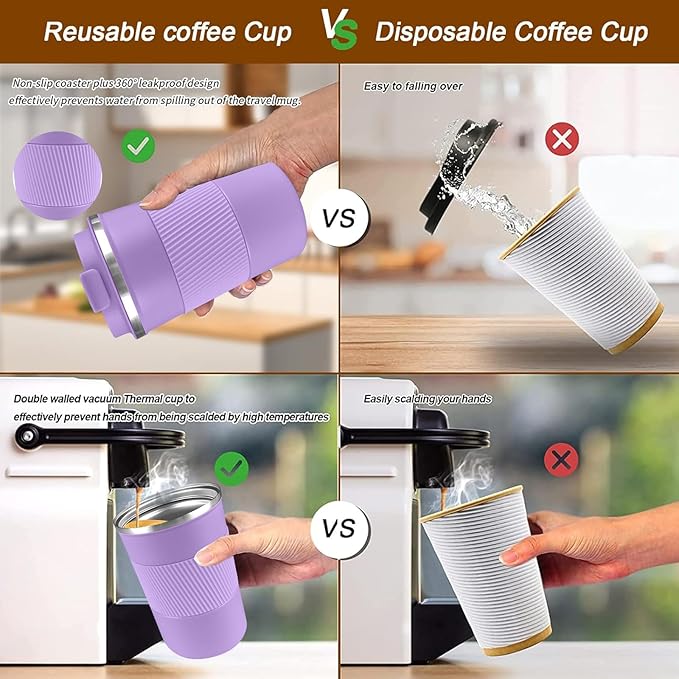 YINBAOGE Insulated Travel Coffee Mug, Spill & Leak Proof, Portable To Go Camping Stainless Steel Coffee Tumbler, Reusable Thermal Coffee Cup with Lid for Hot & Cold Drinks (Purple, 17 OZ)