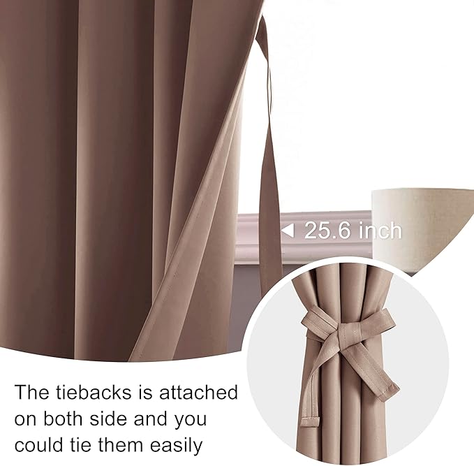 JIUZHEN Blackout Curtains for Bedroom - Thermal Insulated Room Darkening Noise Reducing, 70 x 84 Inch Length Curtains for Living Room, Set of 2 Panels with Tiebacks, Cappuccino